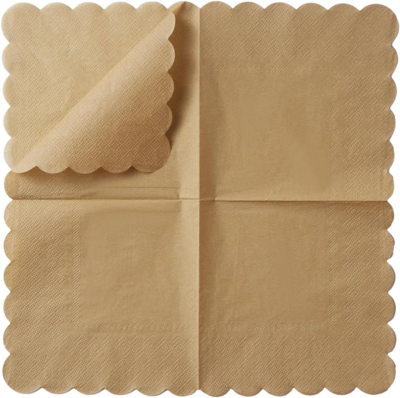 BEFORYOU 100 Pack Cocktail Napkin 2-Ply Scalloped Edged Dessert Napkins Folded 5 x 5 Inches Disposable Napkins for Dinner Wedding Birthday Party Bridal Anniversary Reception Event (Brown) - Image 3